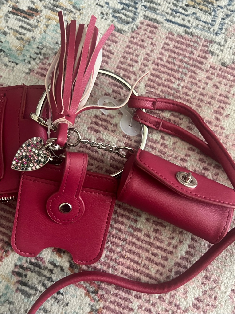 Hot Pink Leather Multi-Pouch Crossbody with Tassel Charm